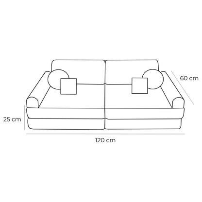 MeowBaby modular sofa dimension diagram showing 120cm width, 60cm height, 25cm depth