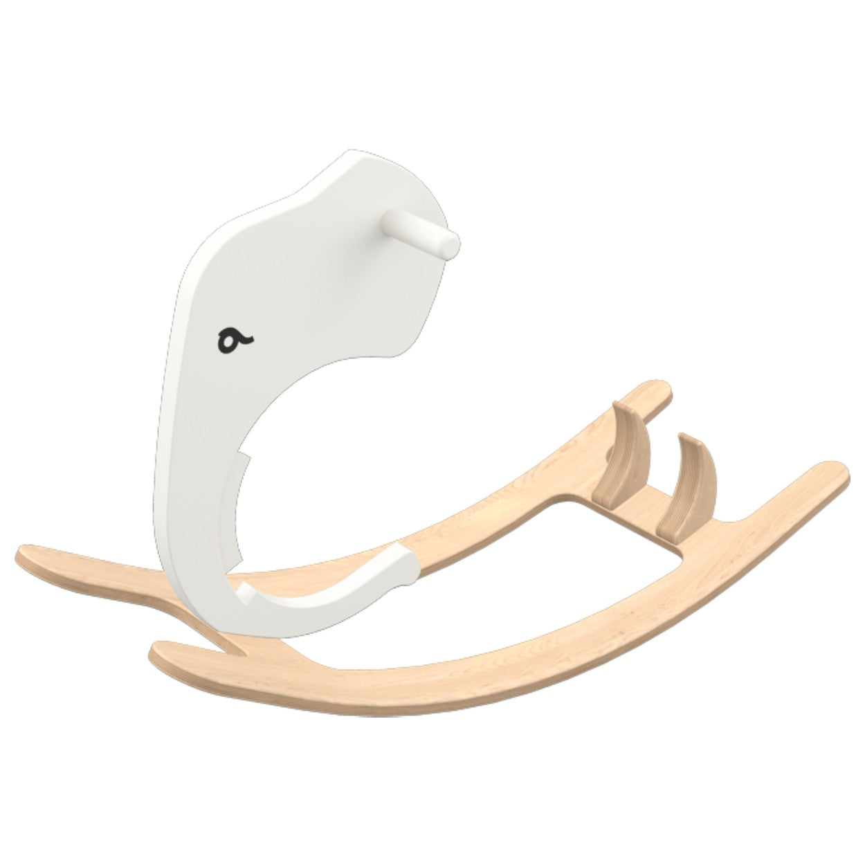Wooden rocking elephant add-on with white seat and natural beech wood base isolated view