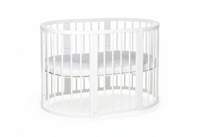 White round crib OLIN front view with full enclosure and single mattress height position