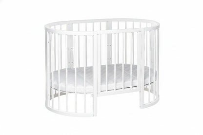 White round baby crib OLIN with removable side and mattress base