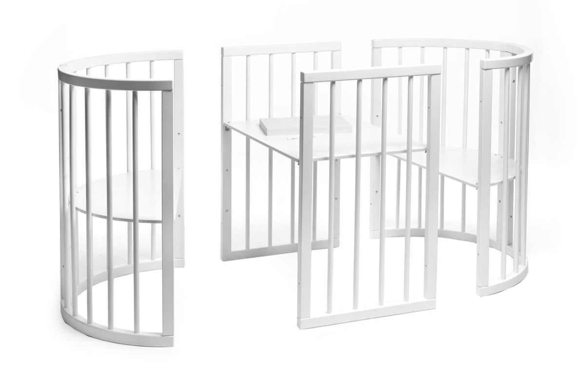 KOTTO OLIN crib displayed in multiple configurations showing oval and rectangular conversion options