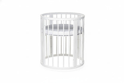 White round baby crib OLIN compact size view with single mattress level for newborns