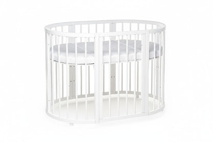 Round baby crib OLIN showing open side panel and mattress base
