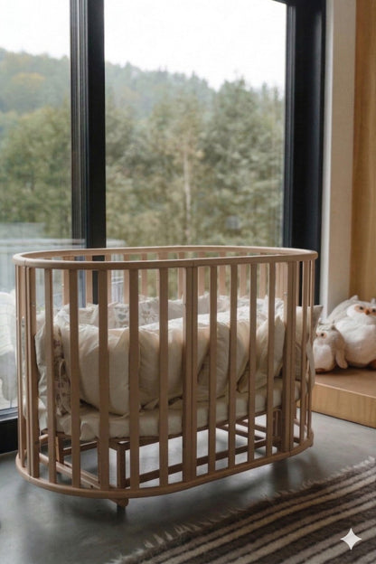 Round cappuccino beechwood baby crib with mattress displayed by window with forest view