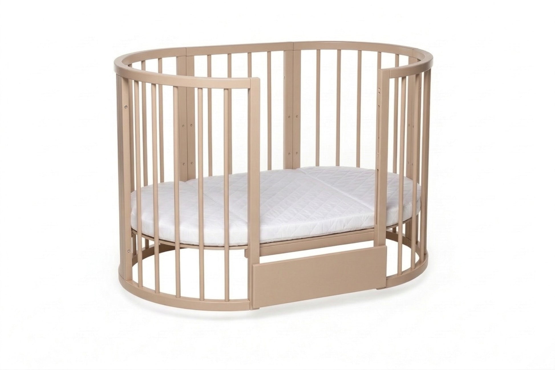 Round OLIN baby crib with included mattress and three adjustable base height positions