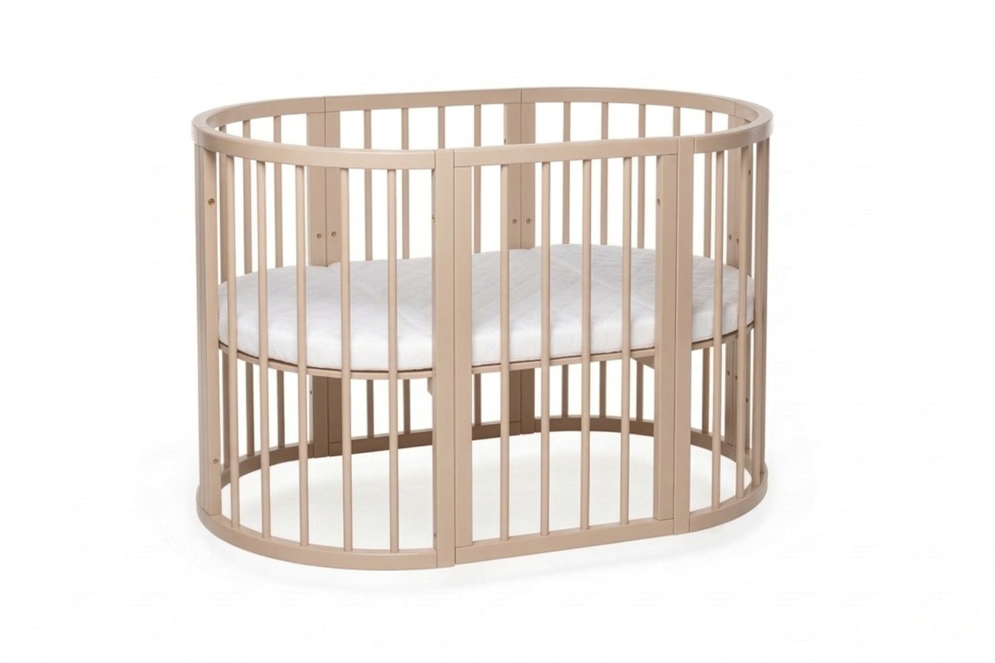 Large oval OLIN crib with removable side open for safe bedside co-sleeping access