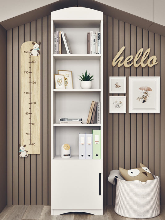 White Classic bookshelf styled in kids room with books, plants, and decorative wall art