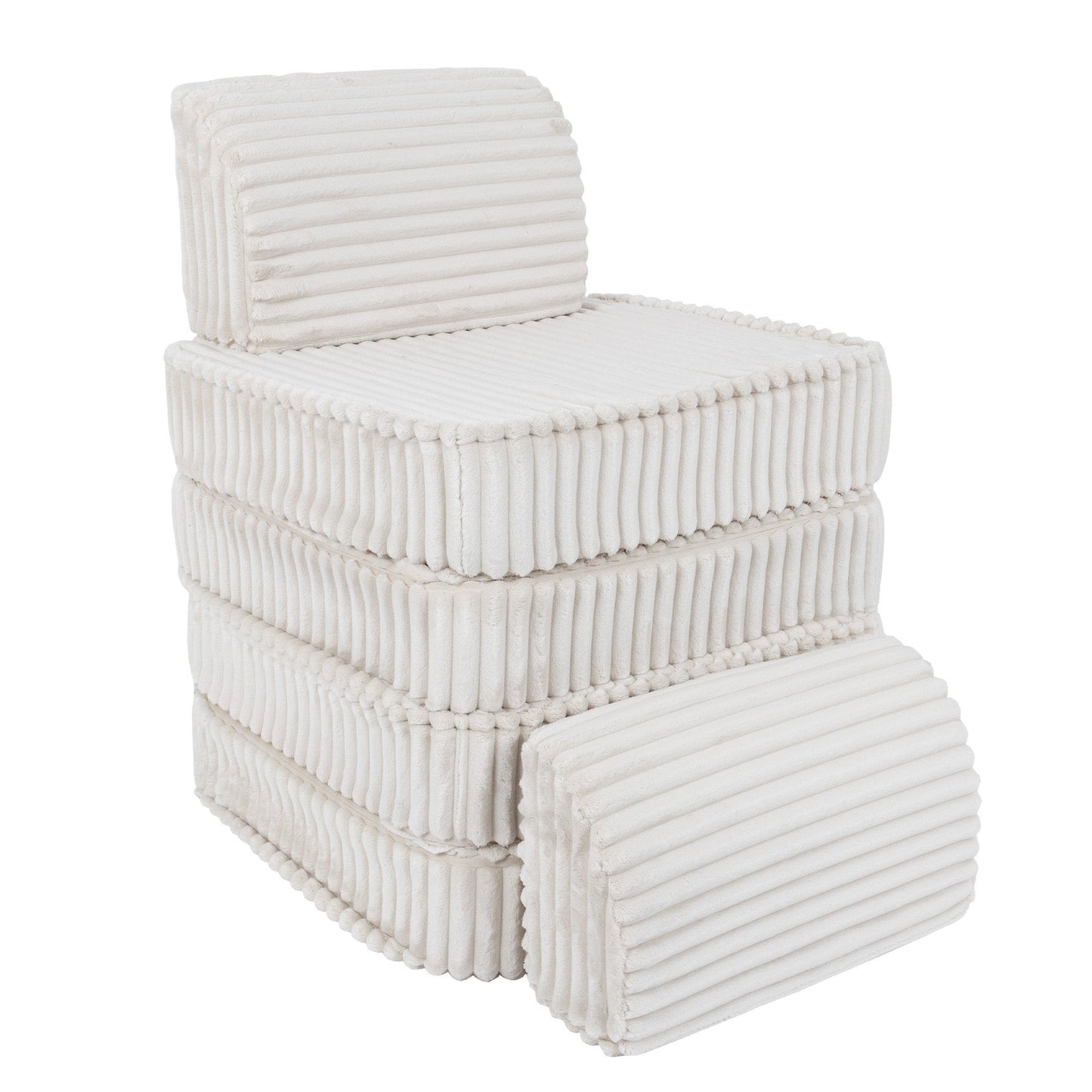 Disassembled white modular sofa pieces stacked showing individual cushion modules and back support