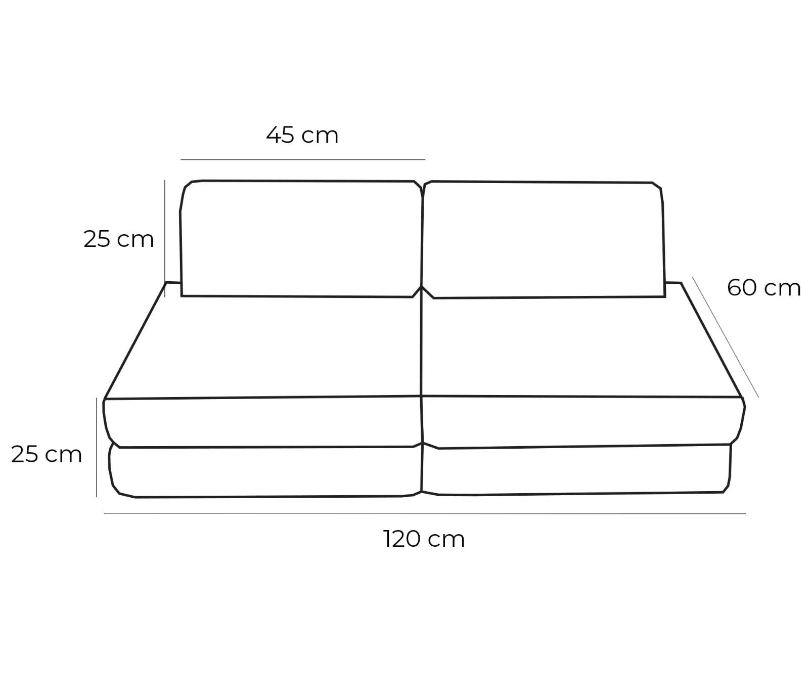Dimension diagram of modular kids sofa showing 120cm width, 60cm depth, and cushion measurements