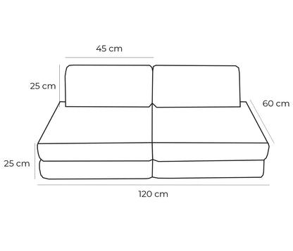 Dimension diagram of modular kids sofa showing 120cm width, 60cm depth, and cushion measurements