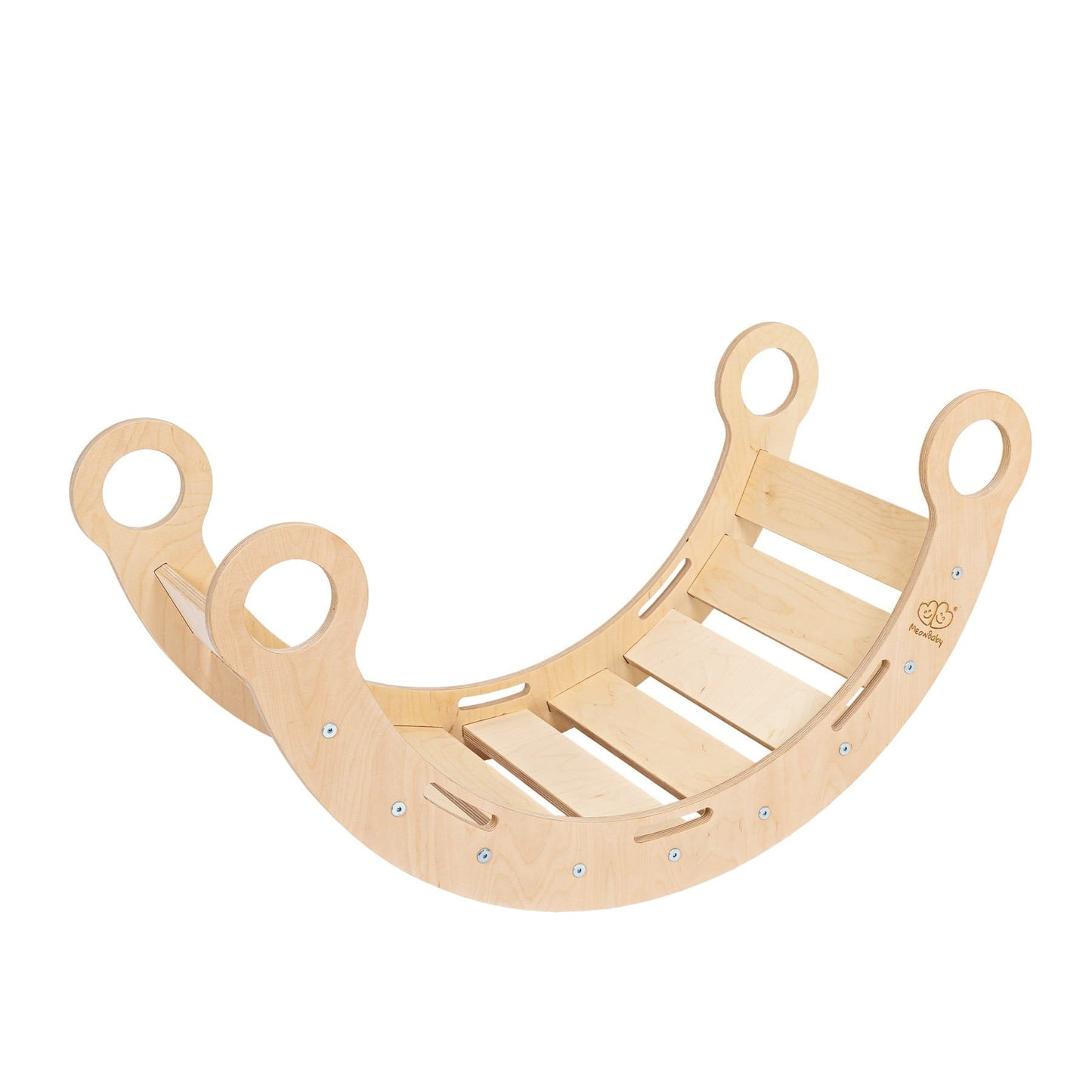 Snug Rocker for Kids Natural and Pink Pillow – birch wood rocker board without pillow side view | Nestling