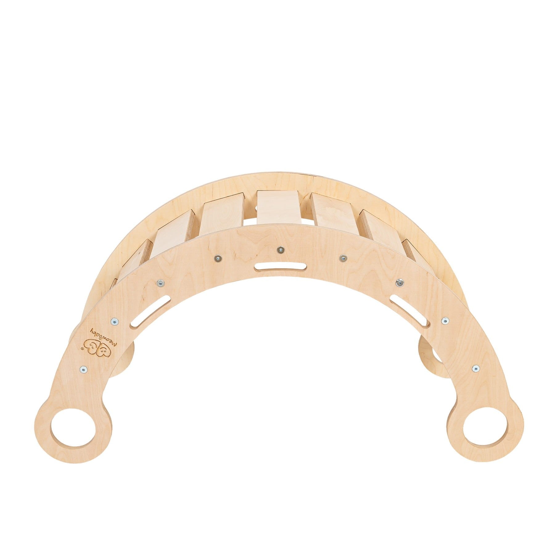 Snug Rocker for Kids Natural and Pink Pillow – underside curved rocker base birch wood detail | Nestling