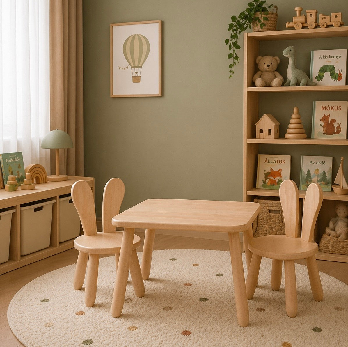 Kidozia Bunny children's table with 2 chairs styled in a kids room
