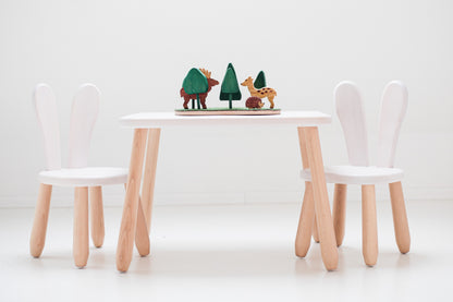 Kidozia Bunny beech wood table and chair set showing the bunny motif