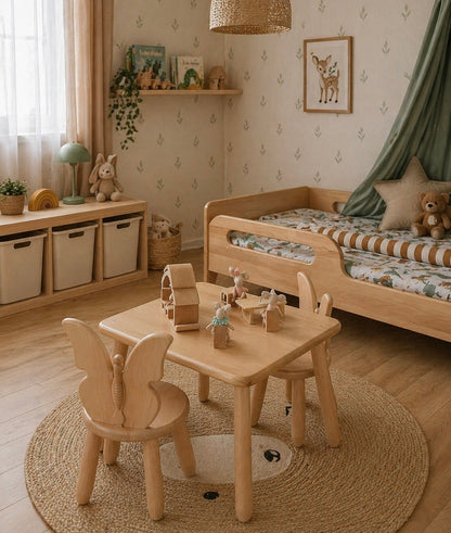 Kidozia Butterfly children's table and 2 chair set in natural beech wood