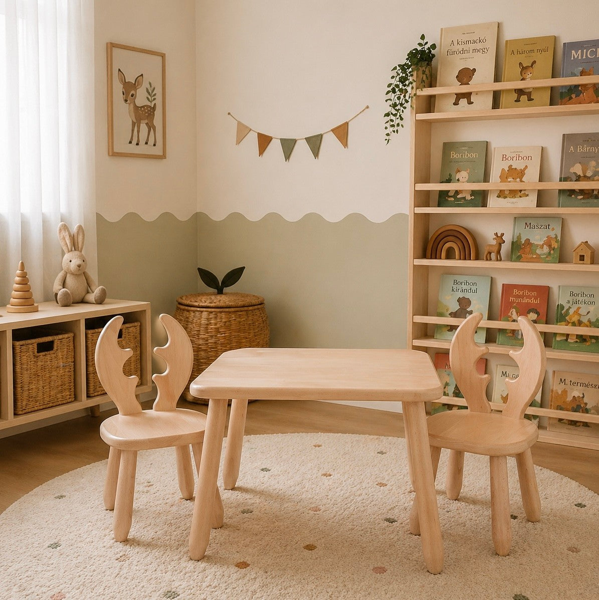 Side view of Kidozia Deer beech wood kids table and 2 chairs, Scandinavian design
