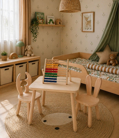 Detailed product shot of Kidozia Wild kids chair with beech wood seat and backrest