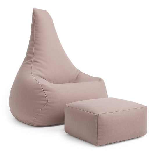 Rosy pink Tearo bean bag chair with matching footrest, soft ergonomic filling visible in side view