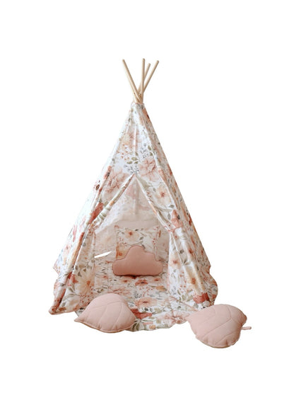 Flower Power teepee tent front view with open entrance and hand-painted floral design