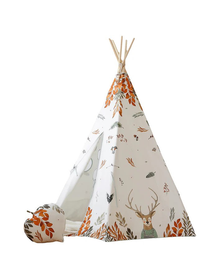 Studio shot of moi mili Forest Friends teepee tent on white background with accessories