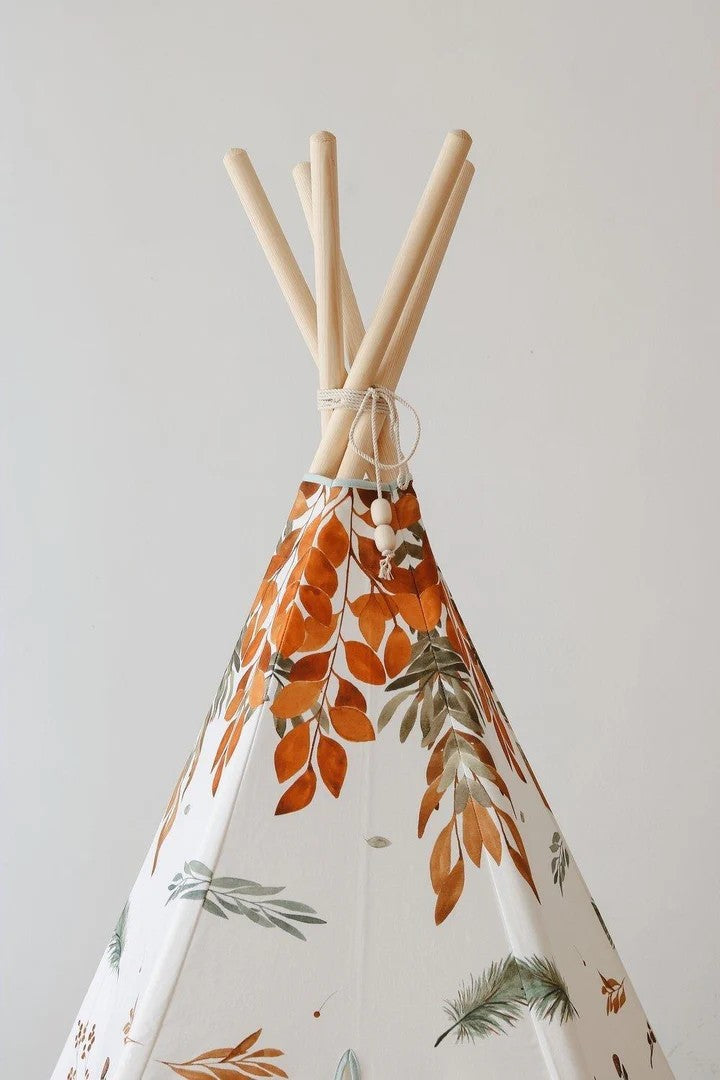 Wooden poles and canvas top of Forest Friends teepee tent from above