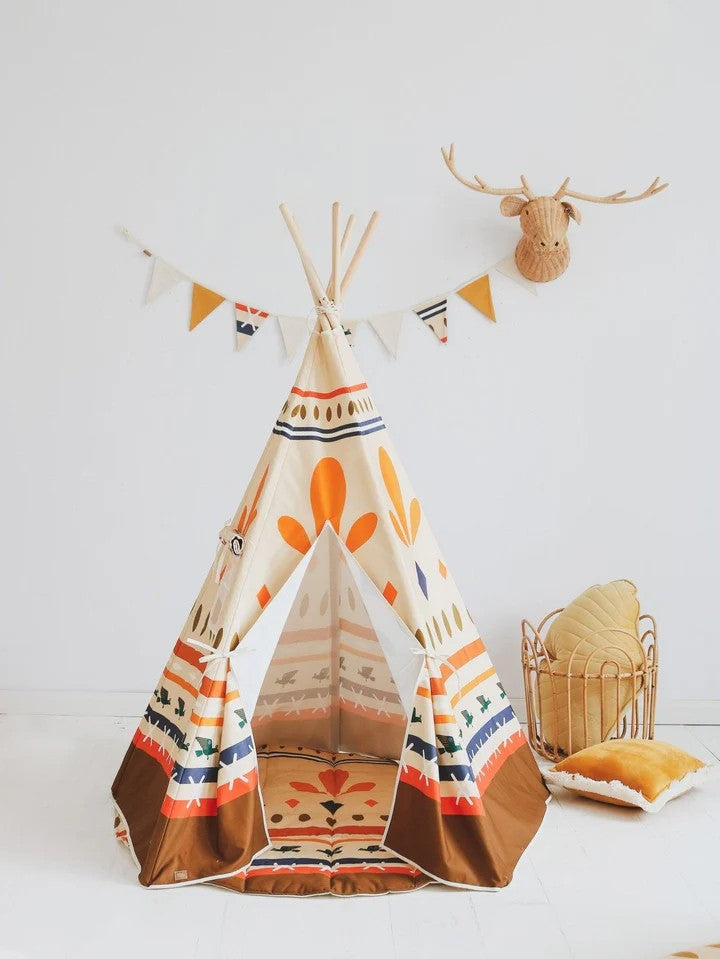 Top-down angle of Native Vibe teepee tent displaying its sturdy pine pole structure and canvas construction