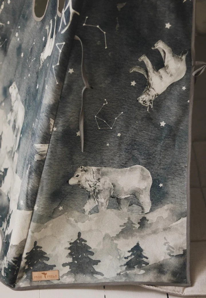 Close-up of starry animal pattern on Night Sky teepee cotton fabric showing deer and constellation design