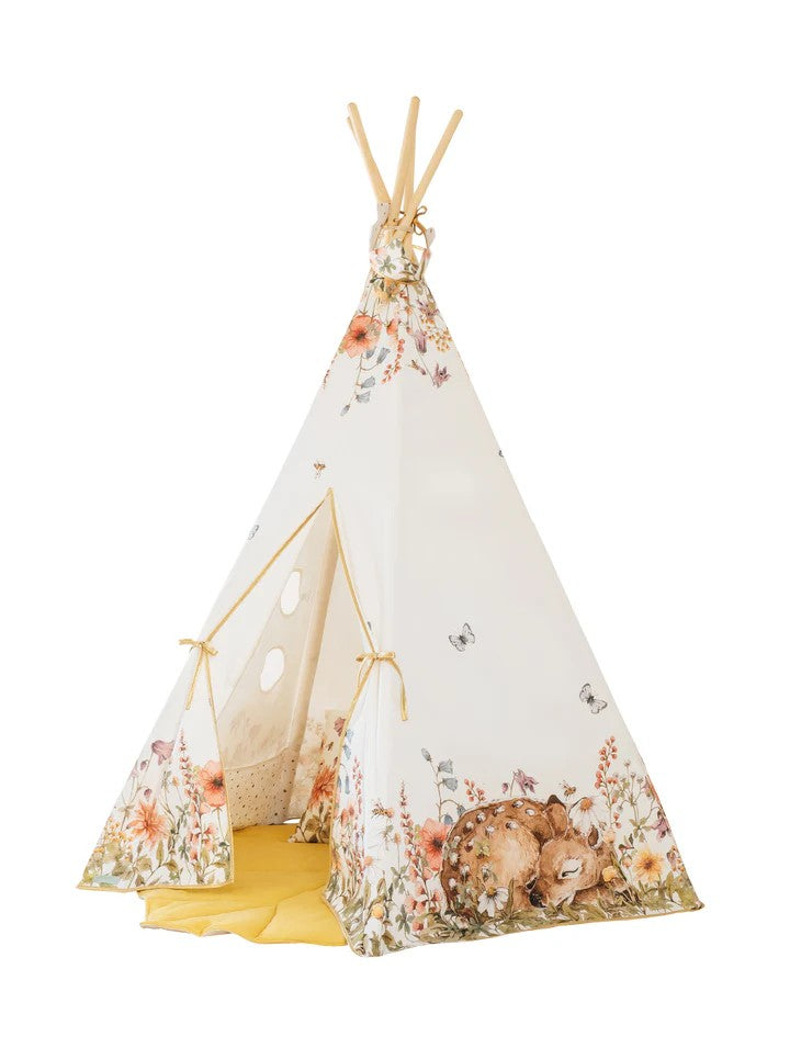 Product shot of Wildflowers teepee tent with cream and floral base, wooden poles and yellow inner mat