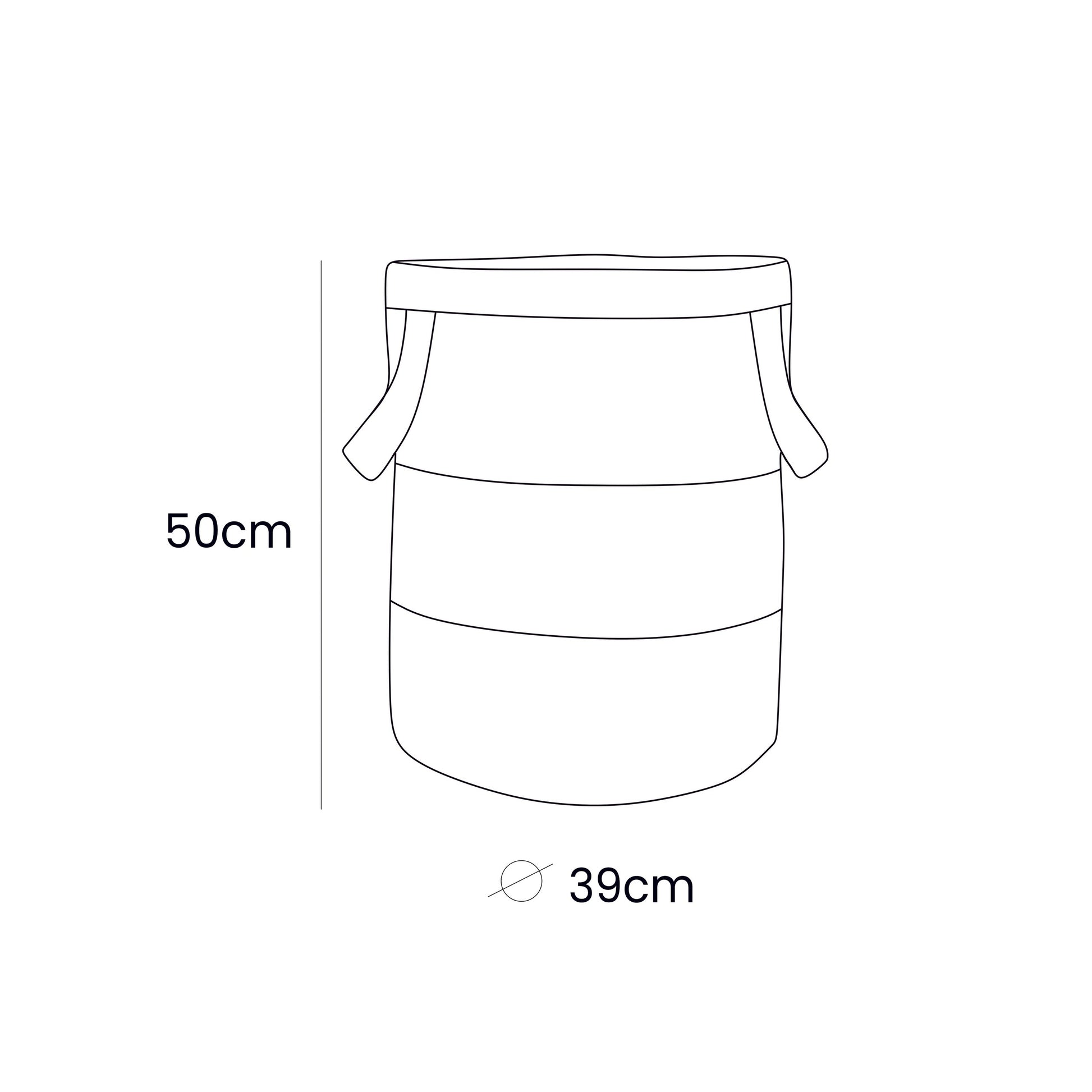 Grey toy storage basket dimensions showing 50cm height and 39cm diameter