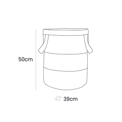 Powder pink toy storage basket dimensions showing 50cm height and 39cm width