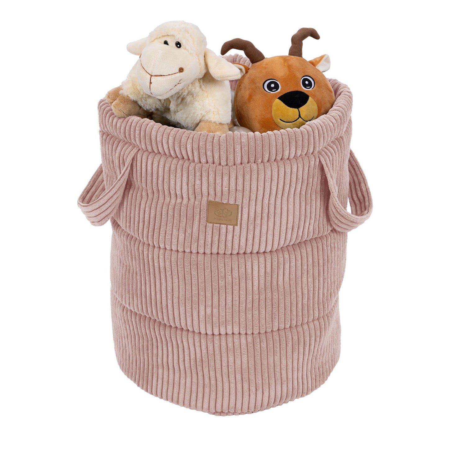 Powder pink corduroy storage basket filled with stuffed toys and holding handles