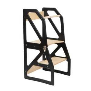 Black metal Modustep step tower frame with wooden platforms
