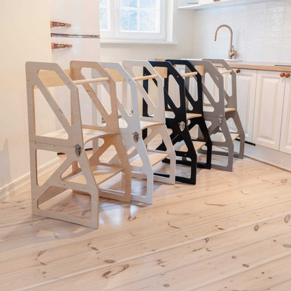 Natural wood kitchen tower with attached tray table extended feature
