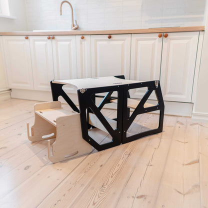 Birch plywood Modustep high chair with safety tray attachment detail