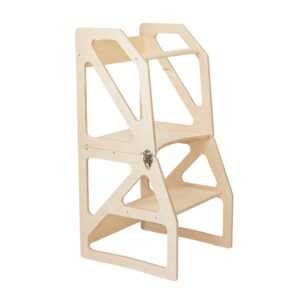 Natural wood kitchen tower with wooden seat platform and handles