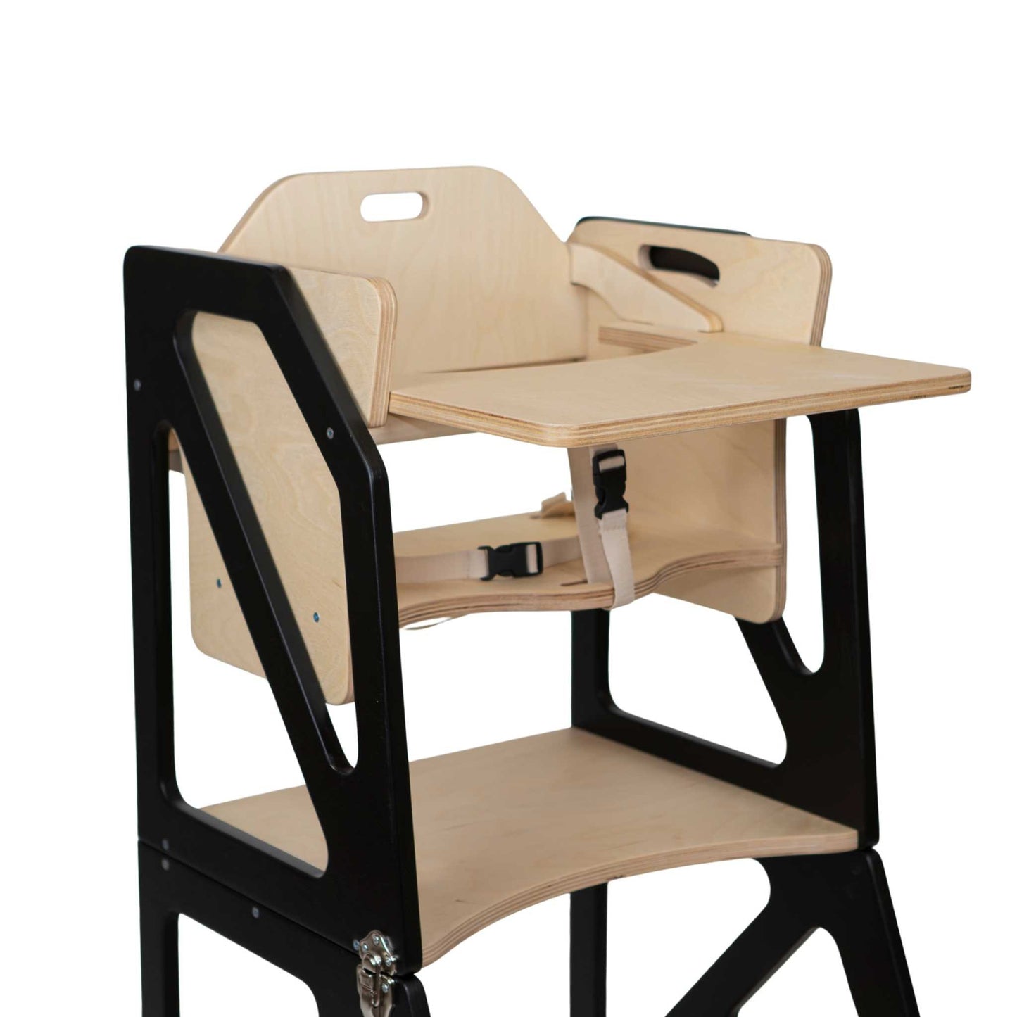 Modustep high chair with attached wooden tray table and safety features
