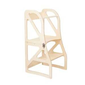 Natural wood Montessori learning tower with multiple steps, product angle