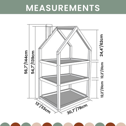 Dimension diagram of small house shelf with measurements in centimeters and inches