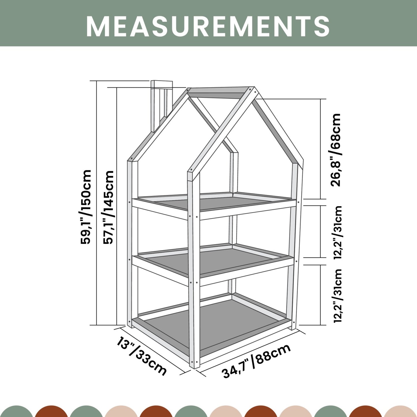 Dimension diagram of large house shelf showing multiple size options with measurements