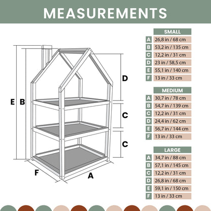 Measurement chart for small, medium, and large house shelf sizing options