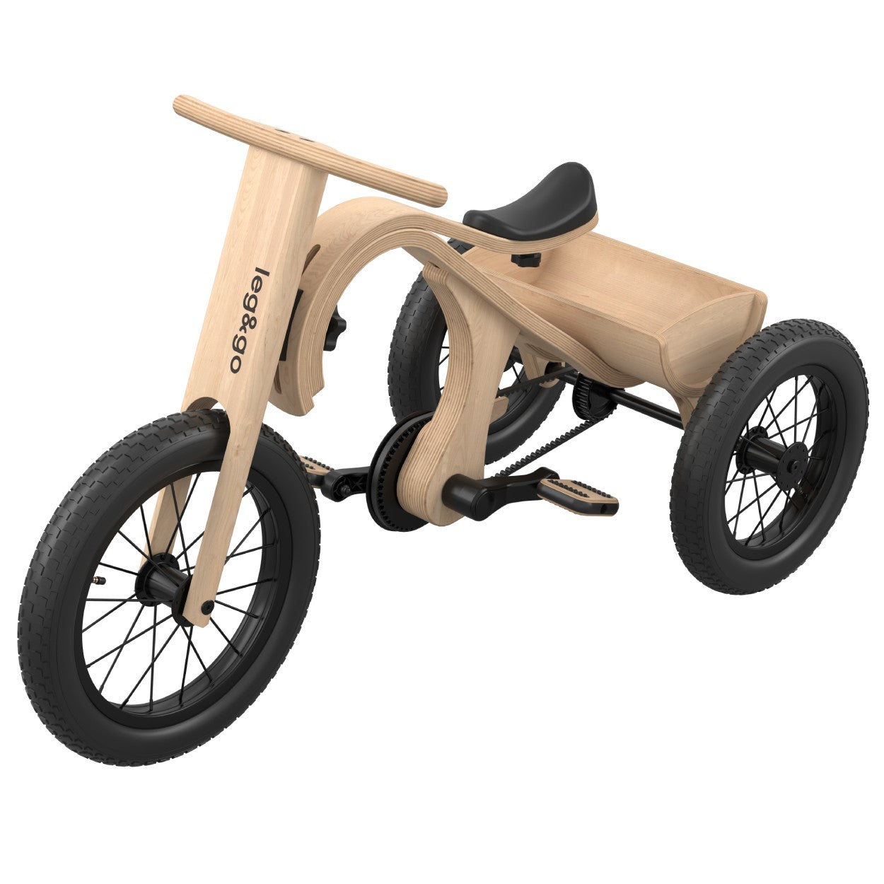 Side angle of leg&go tricycle add-on with wooden frame and black tires