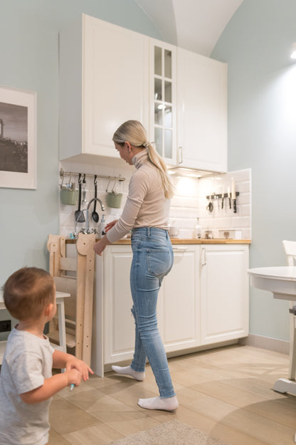 Side view of Family-scl Trolley Kitchen Helper showing two-step Montessori design