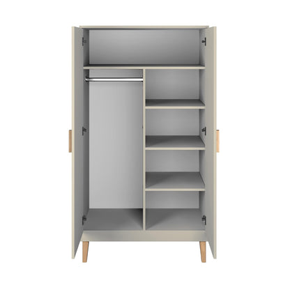 Kubi wardrobe interior with hanging rod on left, shelves on right, and open doors revealing storage layout