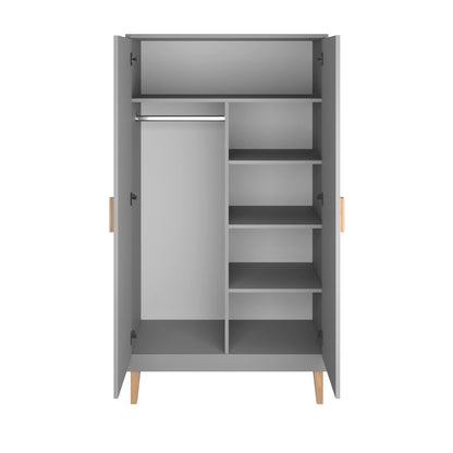 Open grey Kubi wardrobe showing hanging rail and shelving compartments inside