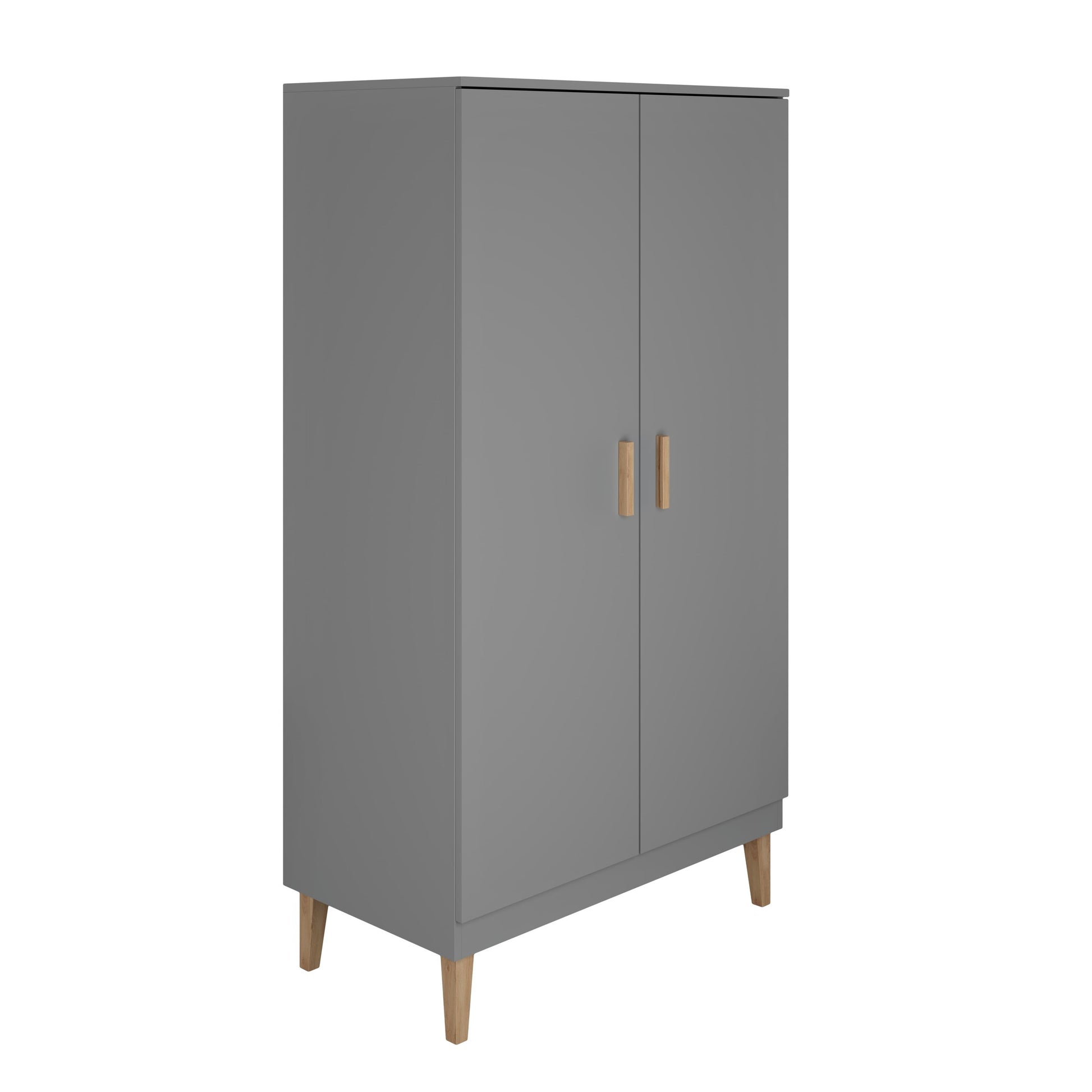 Grey Kubi wardrobe with two doors and oak wooden legs, three-quarter view