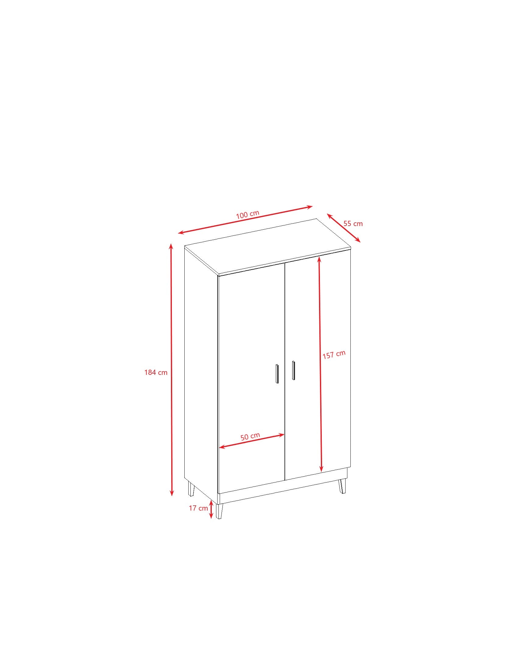 Kubi wardrobe dimensions diagram showing height, width and depth measurements