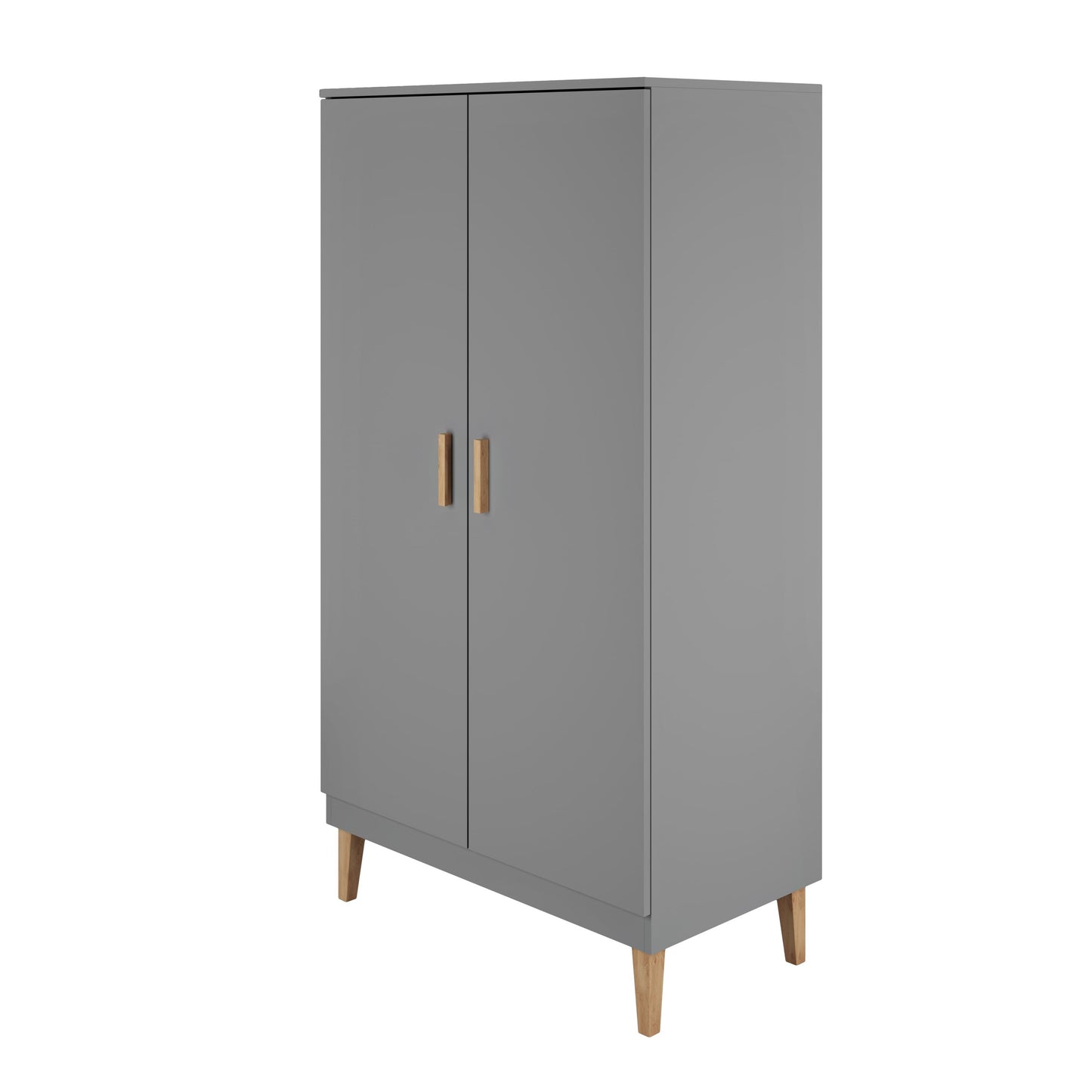 Grey Kubi wardrobe with oak legs and oak handles, angled side view