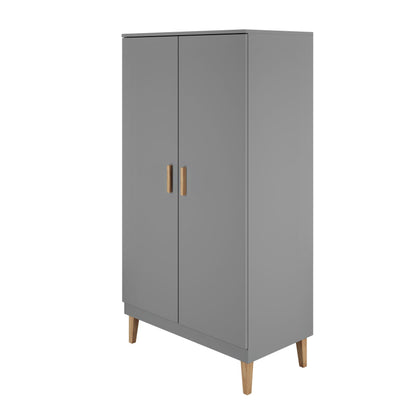 Grey Kubi wardrobe with oak legs and oak handles, angled side view
