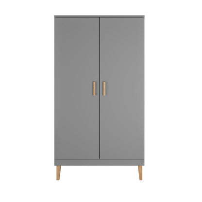Grey Kubi wardrobe with two doors and natural oak handles, front view