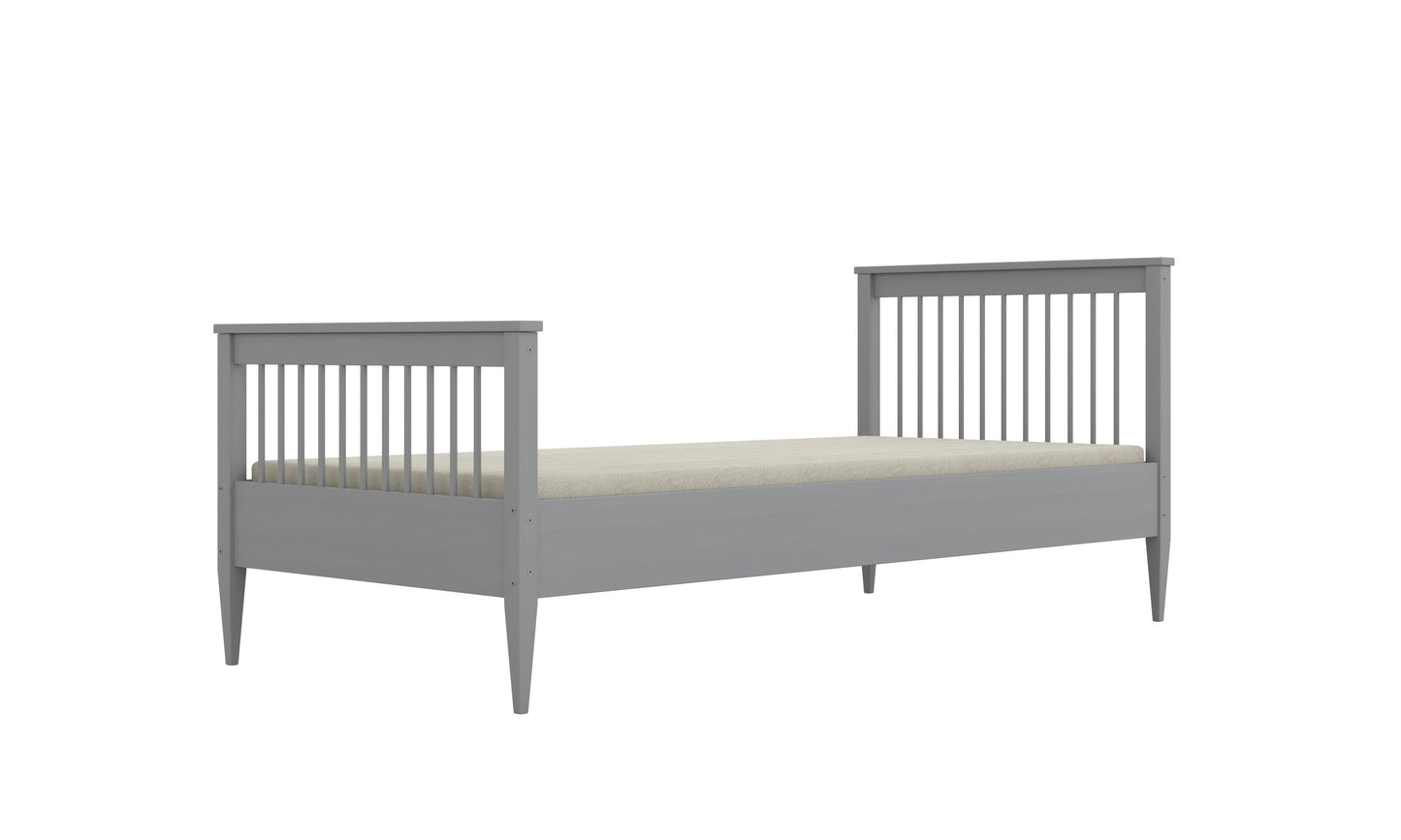 Emilia kids bed gray finish front view with vertical rails and birch slat support